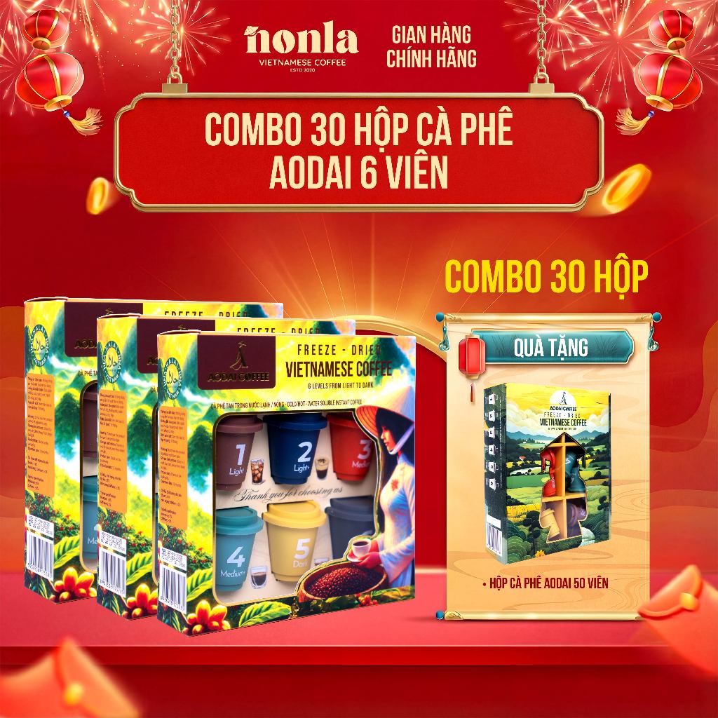 [ Tặng 1 Hộp 50 Viên ] Combo 30 Hộp 6 Viên Cà Phê Hòa Tan Sấy Thăng Hoa AODAI COFFEE 6 Cấp Độ
