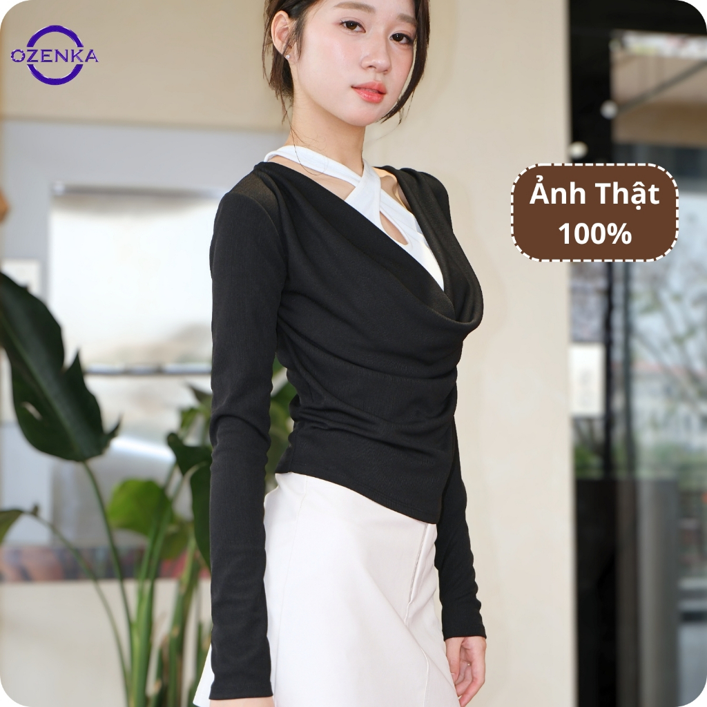 Áo thun nữ tay dài cổ đổ thiết kế giả 2 lớp ozenka - Áo kiểu nữ vải tăm phối màu ôm body Acubi Y2K t