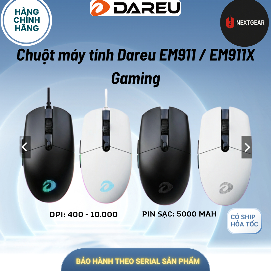 CHUỘT GAMING DAREU EM911 EM911X Gaming RGB LED Siêu Nhẹ 72g – Sensor BRAVO – Phản Hồi Chuẩn Esports