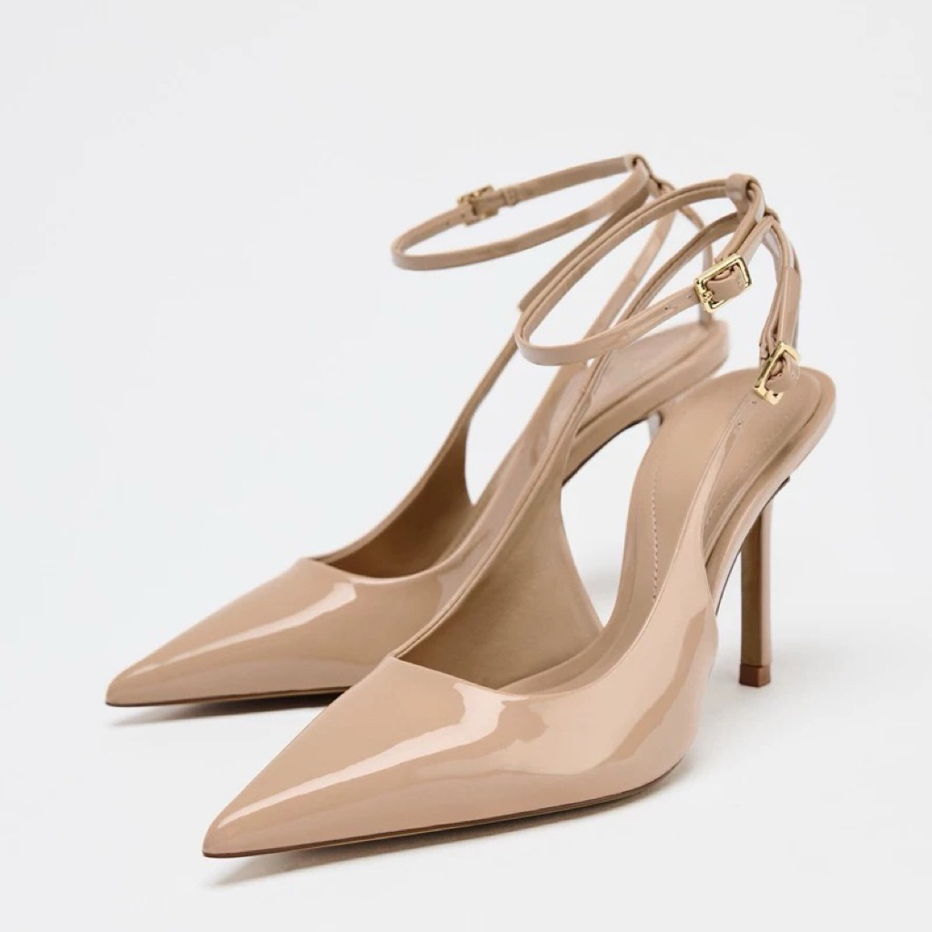Giày Slingback Zara quai dây trơn da pu bóng nhẹ 9cm