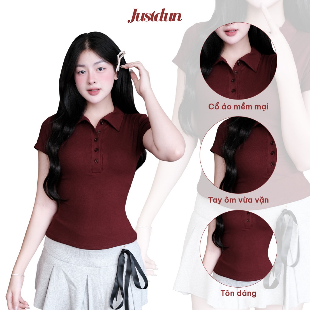 Áo Thun Nữ Polo Cộc Tay JUSTDUN A7 - Cổ Đức, Khuy Cúc, Ôm Body, Cotton Mịn, Thoáng mát, Co Giãn | BigBuy360 - bigbuy360.vn