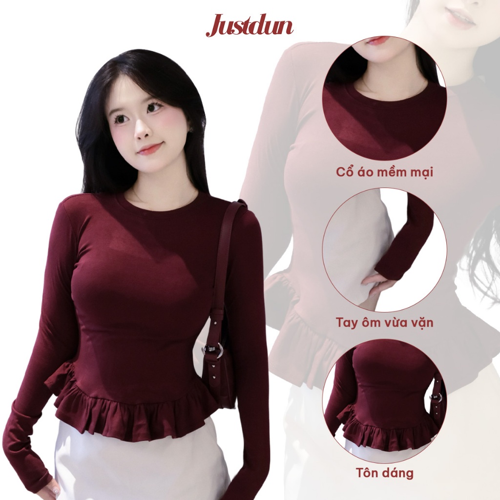 Áo Thun Nữ Dài Tay Ôm Body JUSTDUN 405 - Phối Viền Bèo Xinh, Cotton Mịn Cao Cấp, Tôn Dáng | BigBuy360 - bigbuy360.vn