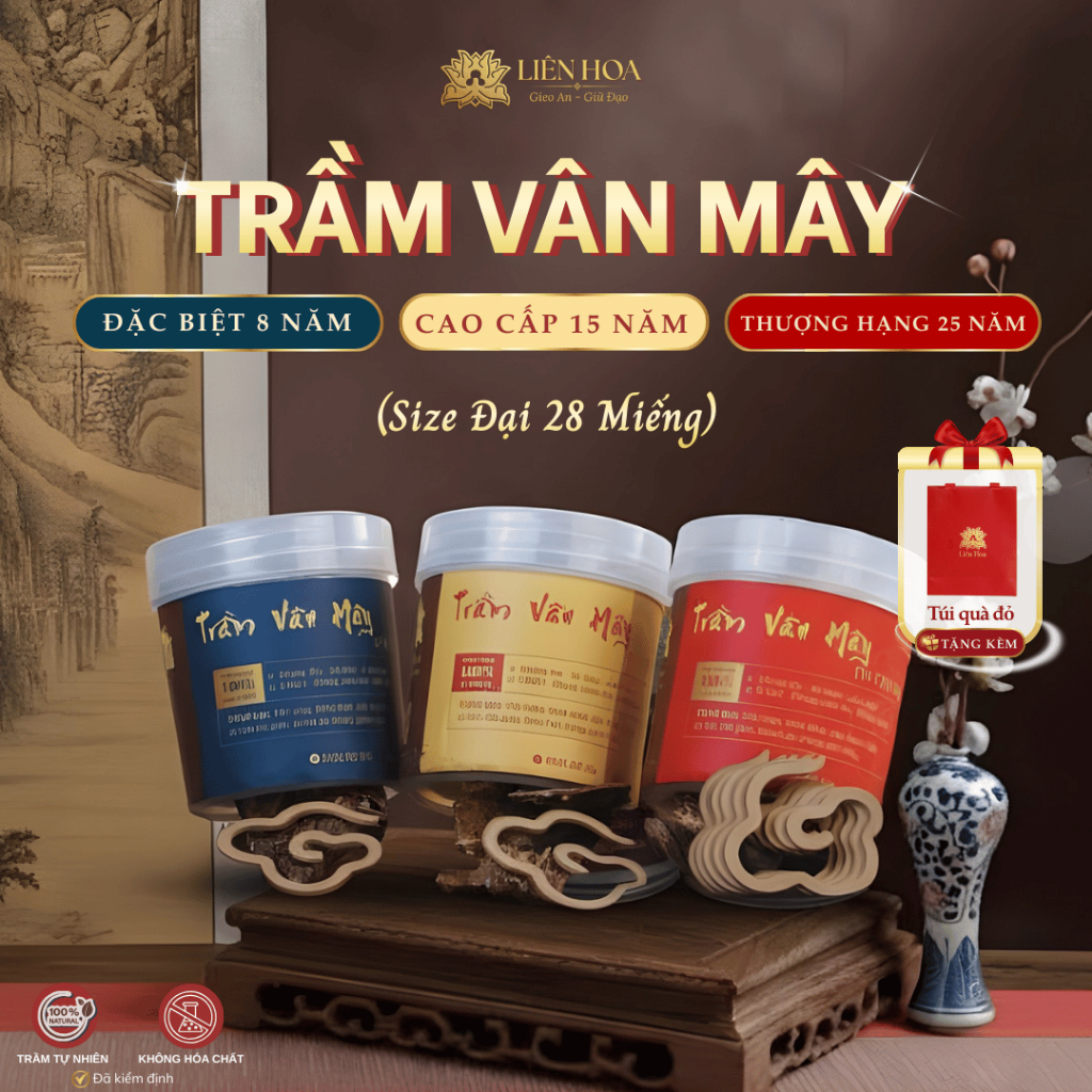Trầm Hương Vân Mây 3 Phân Loại Liên Hoa – Đại 28 Miếng, Tự Nhiên, Sạch Thơm, Ít Khói