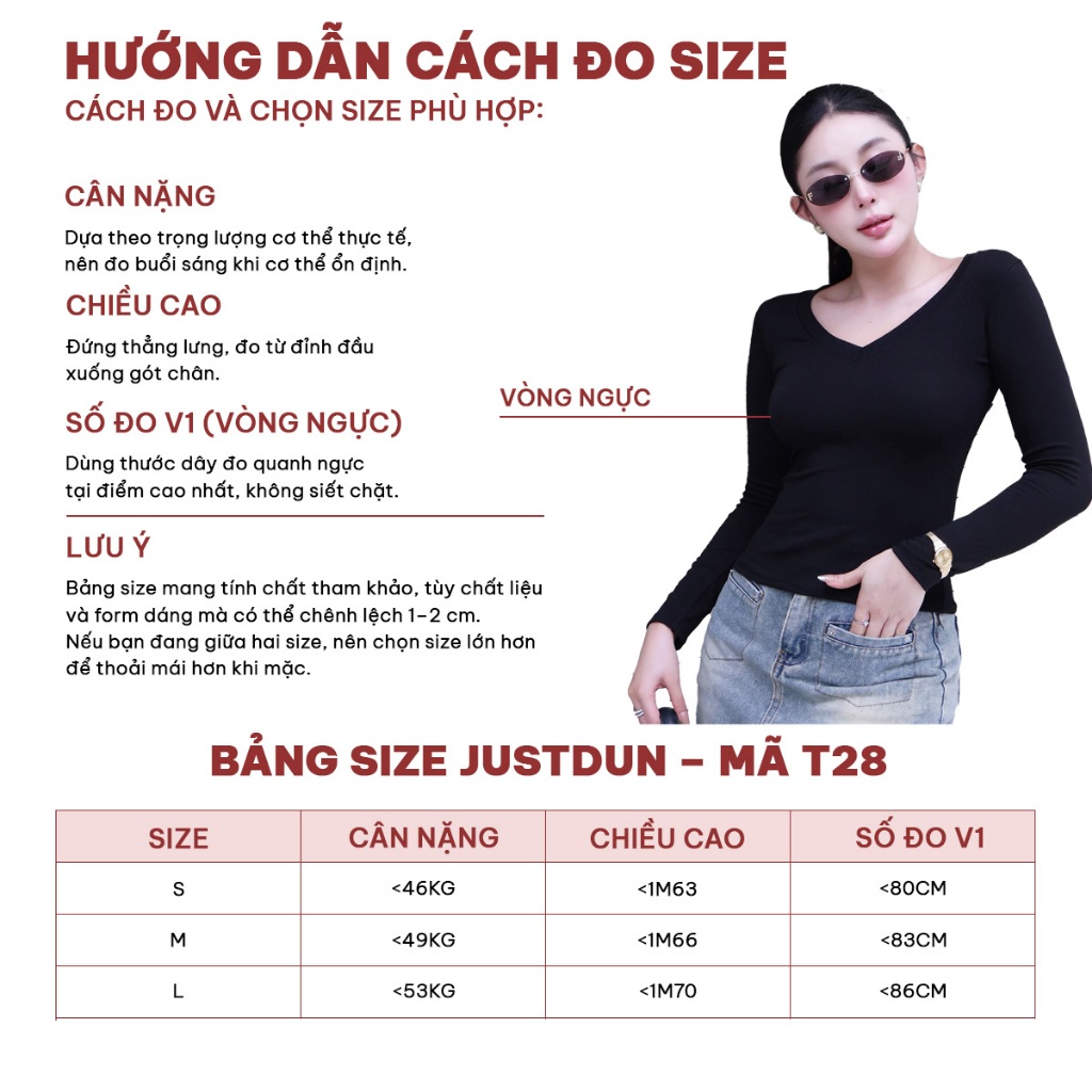 Áo Thun Nữ Cổ Tim Dài Tay JUSTDUN T28 - Ôm Body, Cotton Mềm Mại, Giữ Nhiệt, Co Giãn 4 Chiều | BigBuy360 - bigbuy360.vn