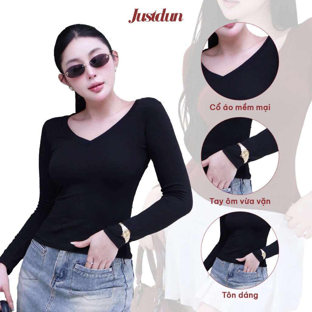 Áo Thun Nữ Cổ Tim Dài Tay JUSTDUN T28 - Ôm Body, Cotton Mềm Mại, Giữ Nhiệt, Co Giãn 4 Chiều | BigBuy360 - bigbuy360.vn