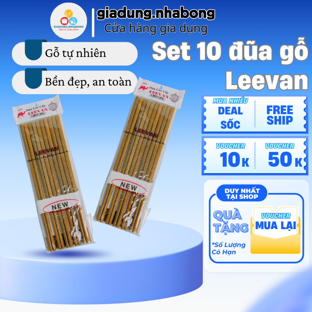 Set 10 đũa gỗ Leevan, đũa ăn cơm bằng gỗ tự nhiên