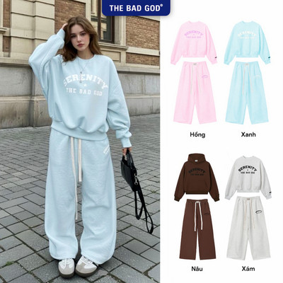 Bộ Sweater THE BAD GOD Star Serenity Màu Hồng/ Xanh/ Nâu Chất Nỉ Nhung Dày Dặn Giữ Ấm Tốt Mùa Thu Đông
