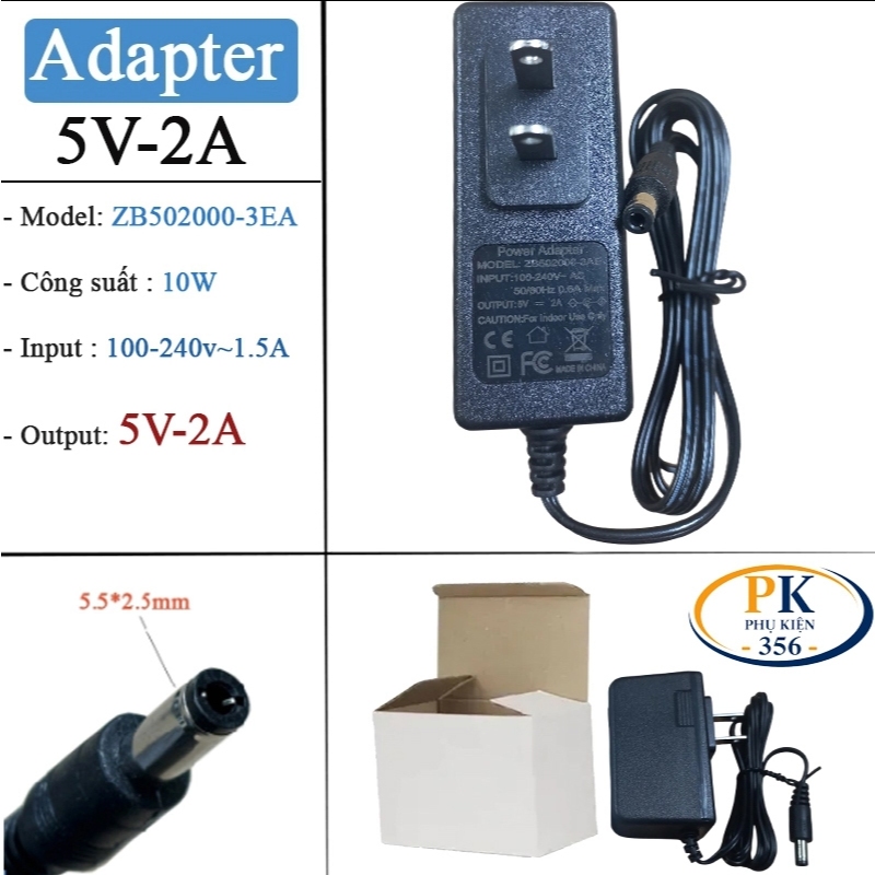 Cục Nguồn DC Adapter 5V-2A Chân Tròn 5.5×2.5mm – Model ZB050200-3AE dây dài 1.5M