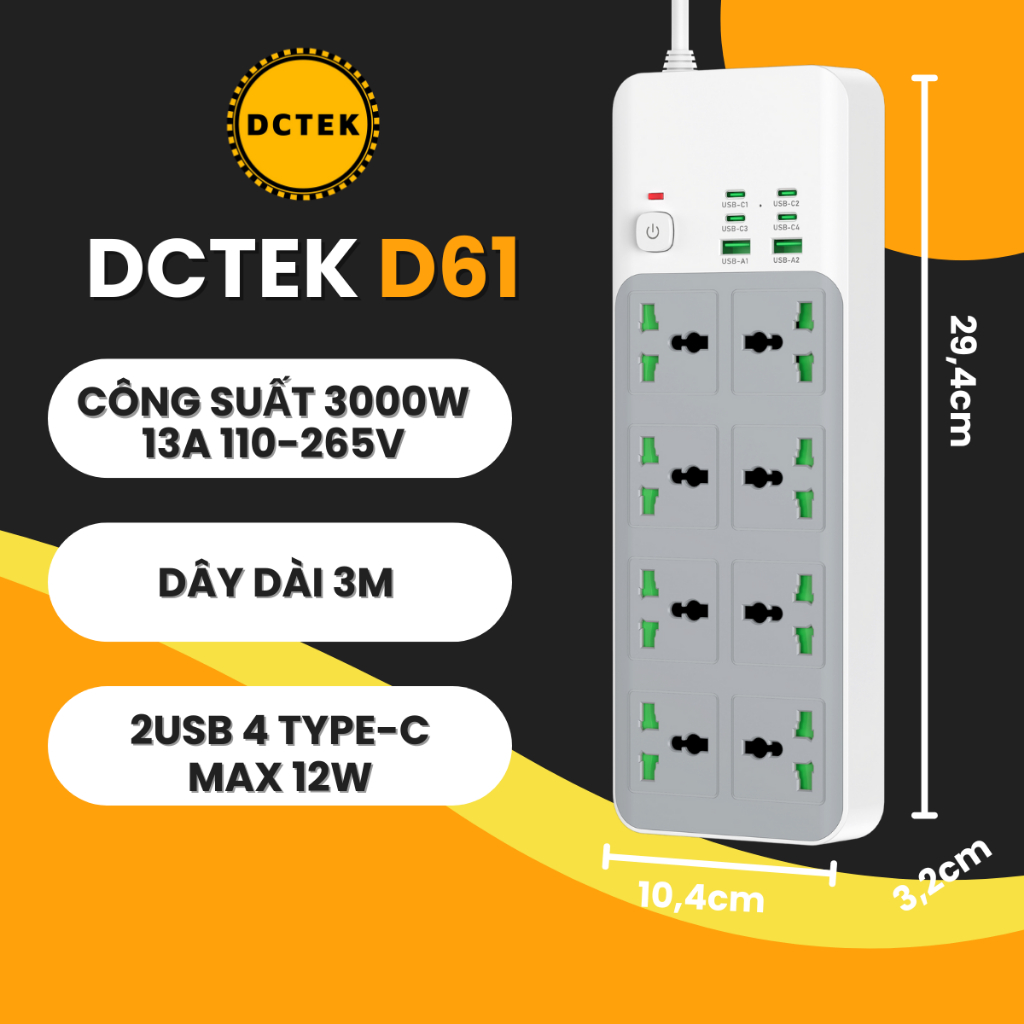 DCTEK D61 Ổ cắm điện đang năng kiểu dáng đẹp, phù hợp với gia đình và nơi làm việc, nhiều cổng sạc
