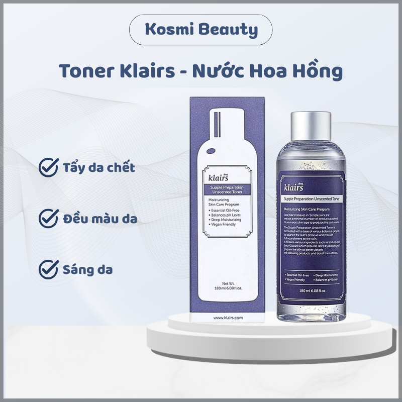 Nước hoa hồng Klairs toner klairs Supple Preparation Unscented toner Klairs làm dịu da 180ml - Kosmi