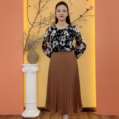 Chân váy xếp ly trung niên cho mẹ - Khóa kéo sau lưng - Nâu - TTV1984