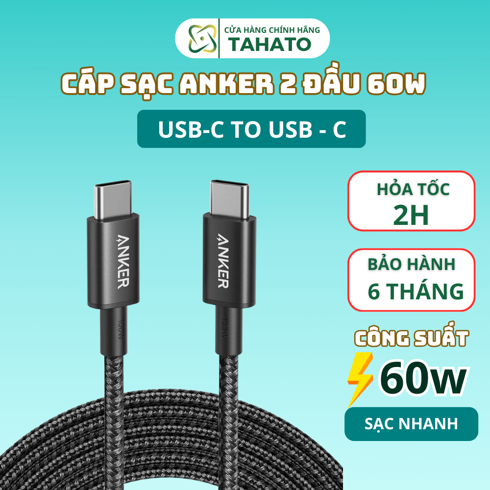 Cáp sạc Type c to typec c  60W dây sạc Anker TAHATO dây sạc nhanh cho iP 15 trở lên - Androi chiều dài 1m A8753