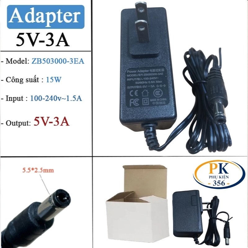 Cục Nguồn DC Adapter 5V-3A Chân Tròn 5.5×2.5mm – Model ZB050300-3AE Dây 1.5m