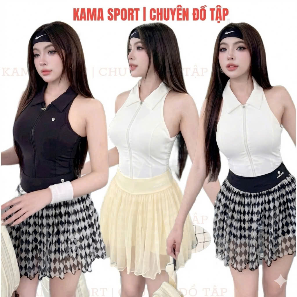 Bộ tập pickelball nữ KAMA SPORT BP94 mix bra và chân váy xoè hàng QC tập pickleball, bộ thể thao nữ