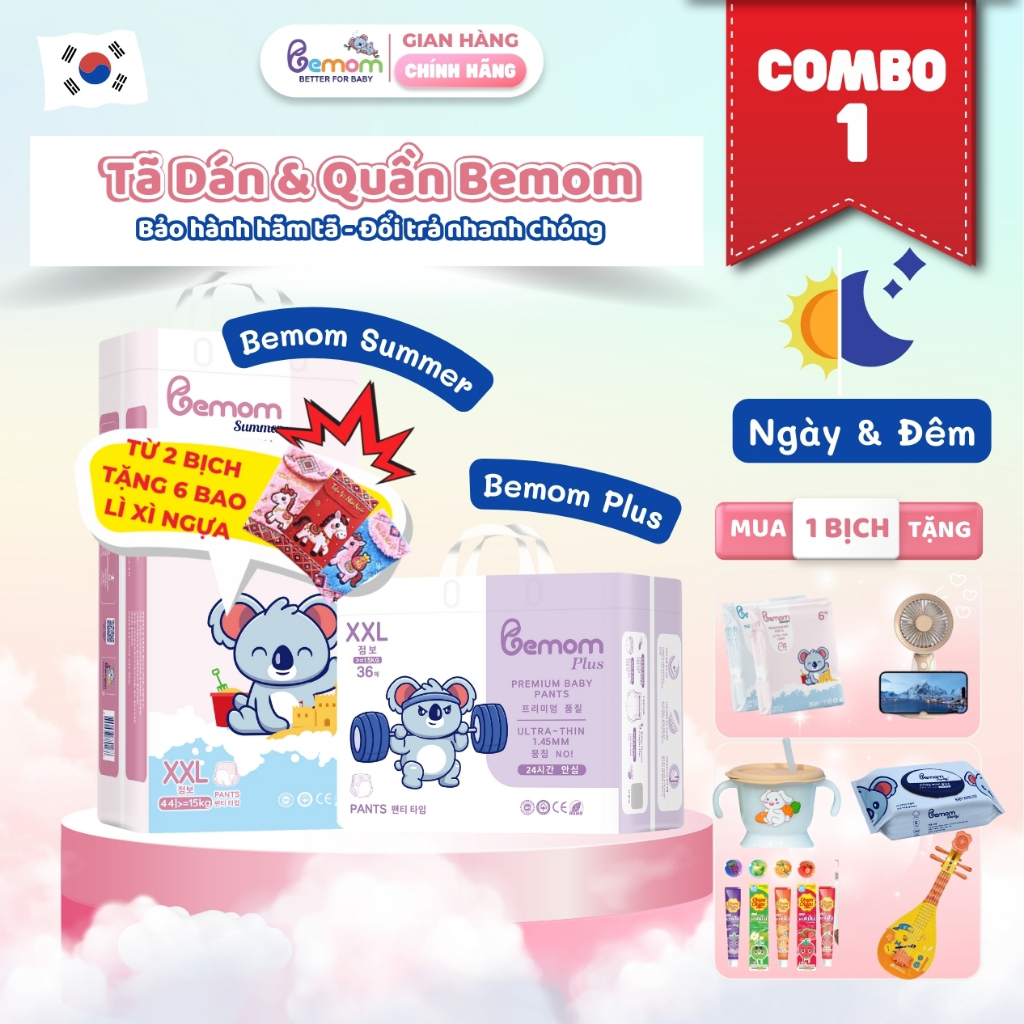 [Kèm Quà] Tã/Bỉm DÁN Và QUẦN Bemom (Ngày/Đêm) Mix Size Siêu Mỏng, Nhẹ Size NB-4XL Cho Bé Từ 3kg-30kg