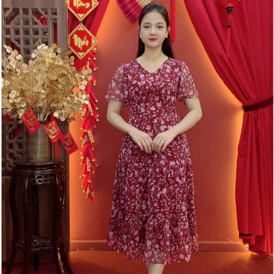 Đầm maxi trung niên - Cổ tim tay ngắn - Đỏ hoa - TTV2031