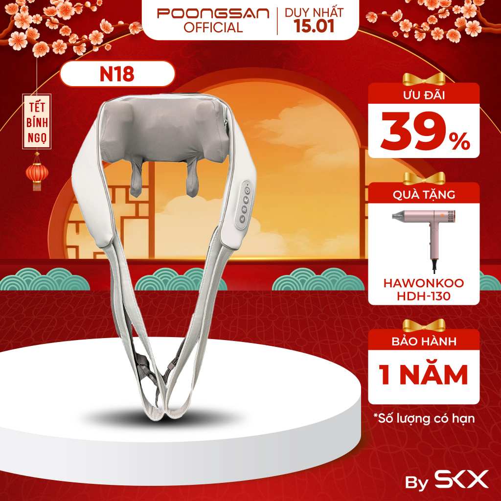 [MUA LÀ CÓ QUÀ] Máy Massage Cổ & Vai POONGSAN N18 Massage 4D Nhiệt Hồng Ngoại 45°C + 3 Chế Độ Pin 20