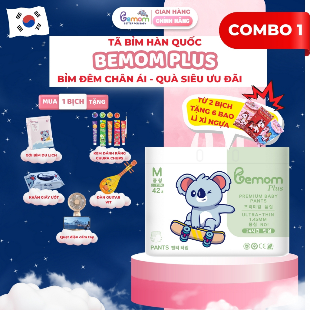 [Kèm Quà] Tã/Bỉm Hàn Quốc Dán Và Quần Bemom PLUS Chuyên Bỉm Đêm, Chống Trào 12h NB-4XL Từ 3-30kg