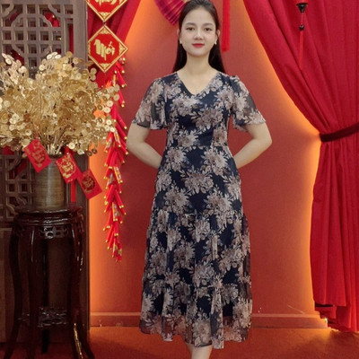 Đầm maxi - Cổ tim tay ngắn - CD - Xanh hoa - TTV2031