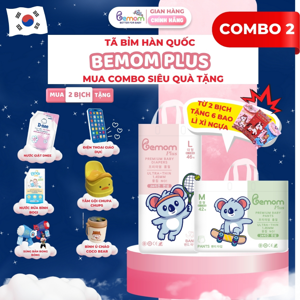 [ĐIỆN THOẠI] COMBO 2 Bịch Tã/Bỉm Hàn Quốc Dán/Quần Bemom PLUS Chuyên Đêm, Chống Trào 12h NB-4XL 3-30