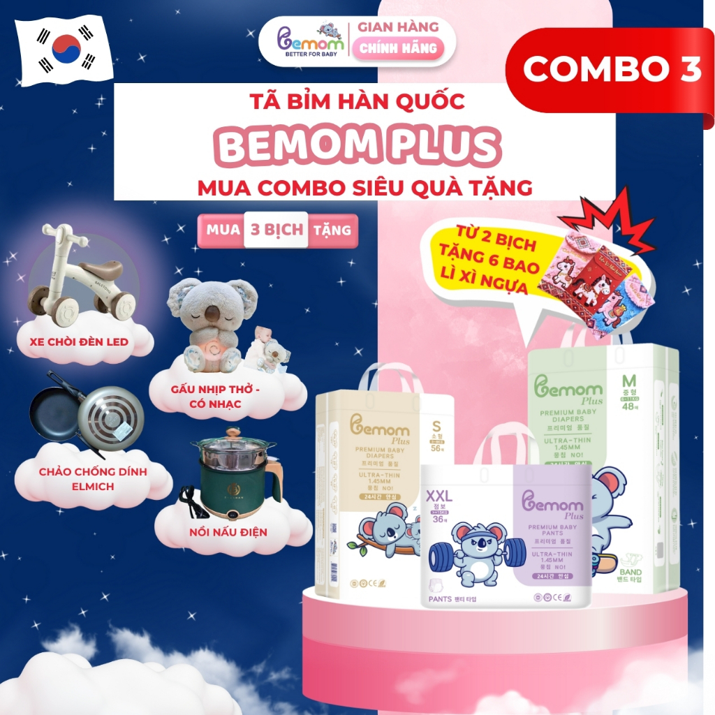[XE CHÒI] COMBO 3 Bịch Tã/Bỉm Hàn Quốc Dán/Quần Bemom PLUS Chuyên Đêm, Chống Trào 12h NB-4XL 3-30kg