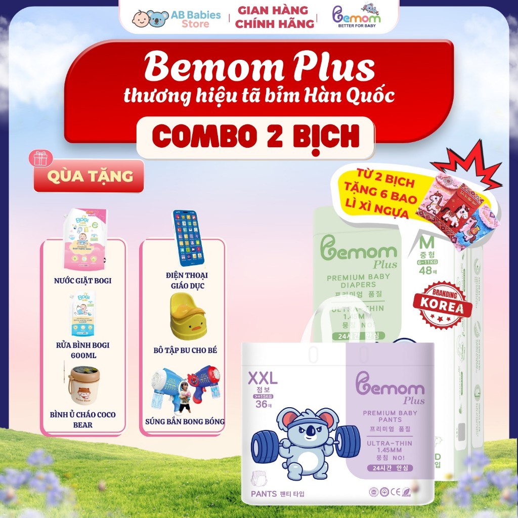 (ĐIỆN THOẠI) COMBO 2 Bịch Tã/Bỉm Hàn Dán Và Quần Bemom PLUS Chuyên Đêm, Chống Tràn NB-4XL 3-30kg