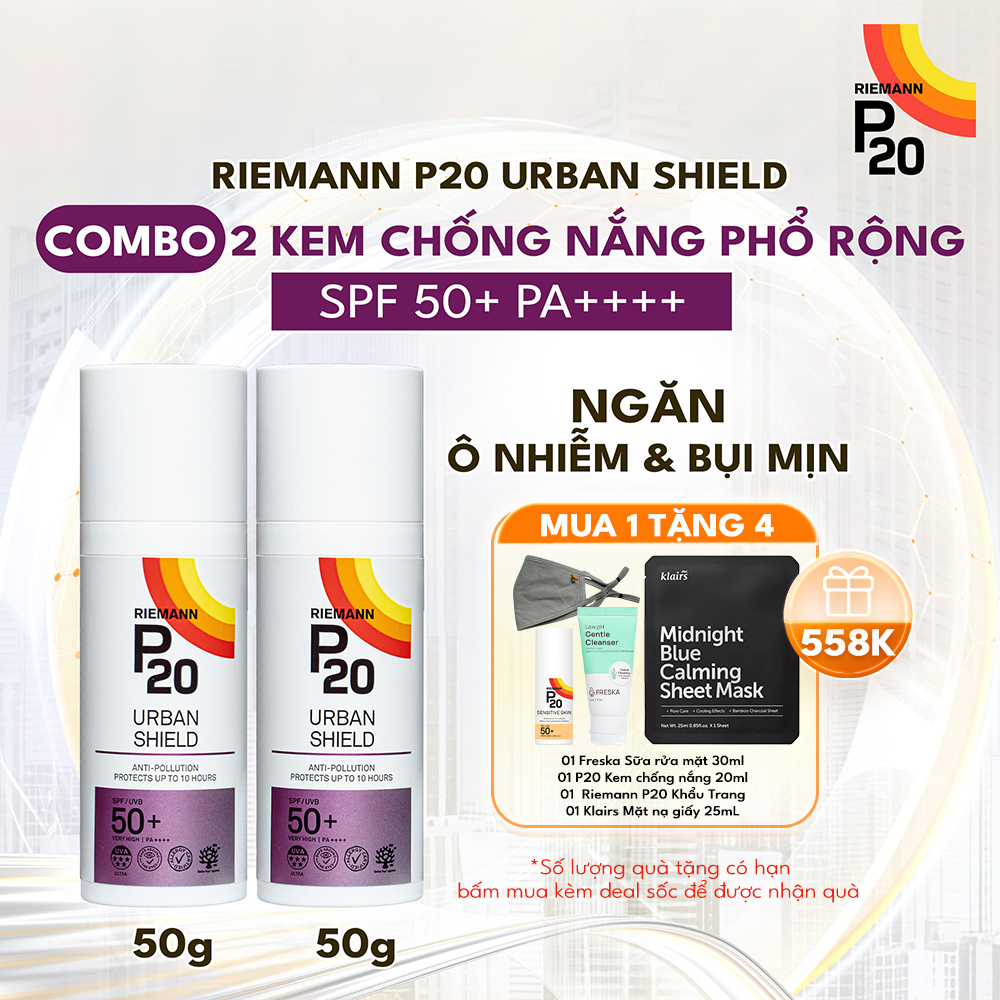 Combo 02 Kem chống nắng phổ rộng chống bụi mịn, ô nhiễm Riemann P20 Urban Shield SPF 50+ PA ++++ 50G