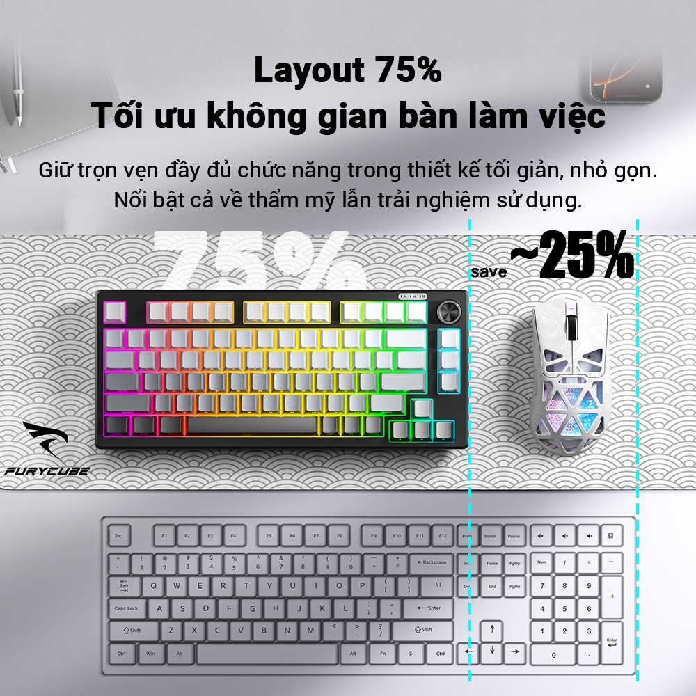 Bàn Phím Có Dây FURYCUBE IP75, 75% Layout, PBT Bền Đẹp, RGB Nhẹ Nhàng, Win&macOS, Núm Xoay Tiện Lợi | BigBuy360 - bigbuy360.vn