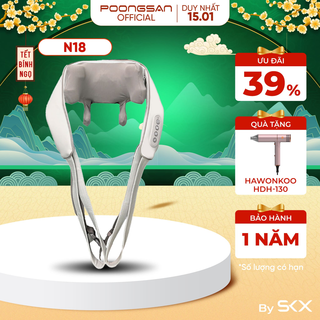 [MUA 1 TẶNG 1] Máy Massage Cổ & Vai POONGSAN N18 Nhiệt Hồng Ngoại 45°C Massage 4D 3 Chế Độ + 6 Kiểu 