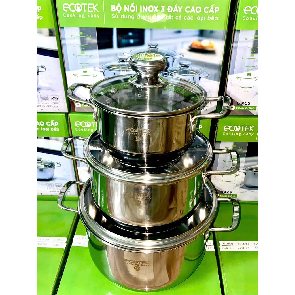 Bộ nồi inox 3 đáy cao cấp ecotek sử dụng được cho tất cả loại bếp