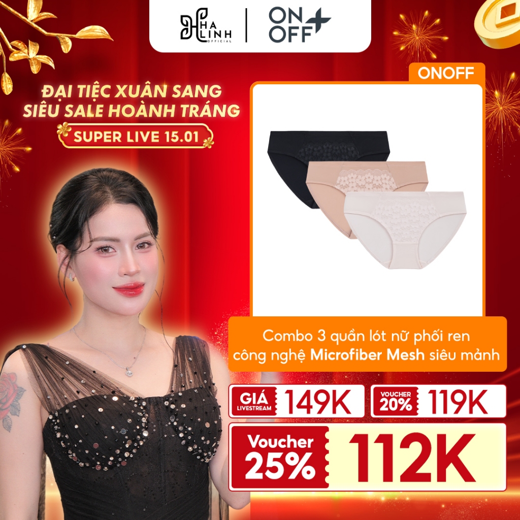 [Võ Hà Linh x ONOFF] Combo 3 quần lót nữ phối ren ONOFF công nghệ microfiber mesh siêu mảnh, thoáng 