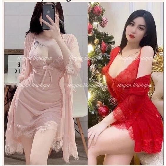 [Peinn] HT800 Set váy ngủ và áo choàng sexy ren mềm mại xuyên thấu, set đồ ngủ ren tay lỡ gợi cảm HT