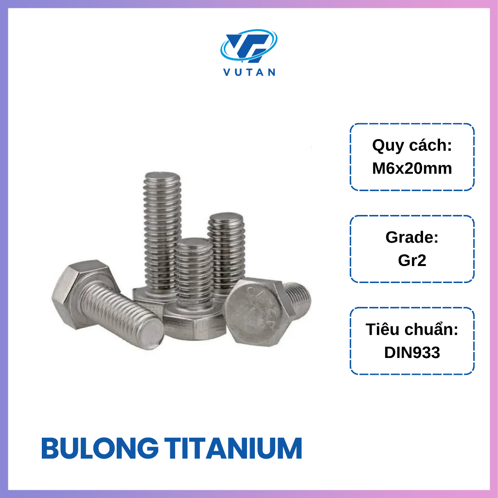 Bulong titan grade 2 M6 dài 20mm, bu lông titan gr2 M6x20mm - VŨ TẤN TITANIUM