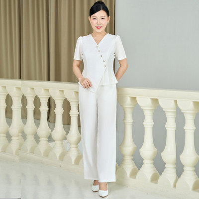 Áo và Quần Trung Niên Cho Mẹ - Cổ tim kết nút tay ngắn - Trắng - TTV1951