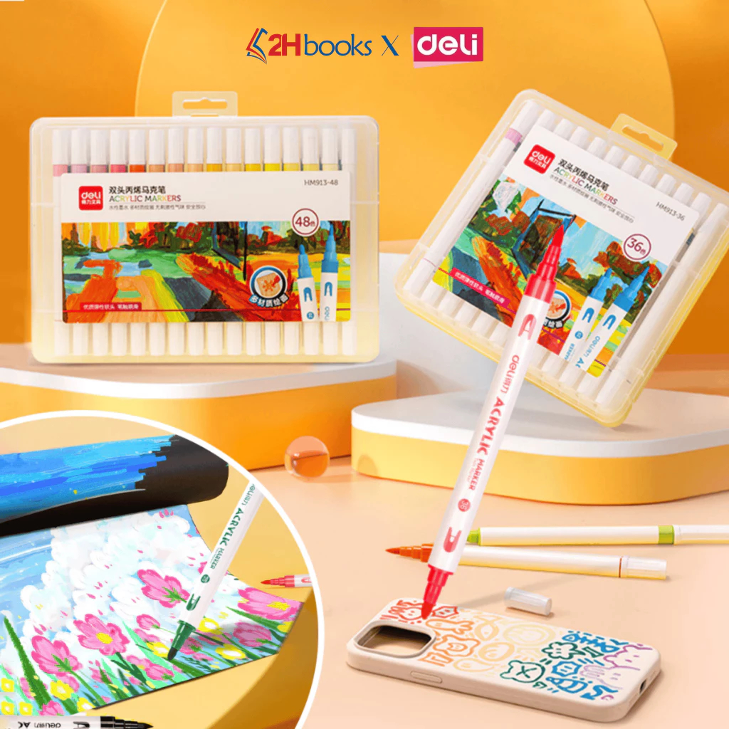 Màu Acrylic Marker Deli, Bút màu acrylic marker 2 đầu lông, vẽ mọi chất liệu - HM913 VPP