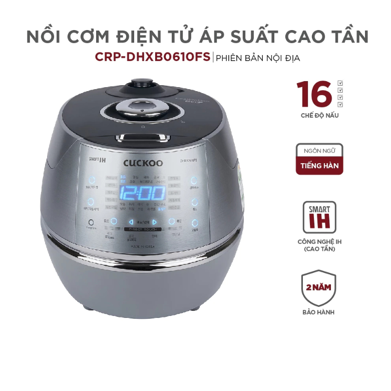 [CHÍNH HÃNG] Nồi Cơm Điện Tử Áp Suất Cao Tần 1.08L CUCKOO CRP-DHXB0610FS - Màu Bạc - 16 Chế độ nấu