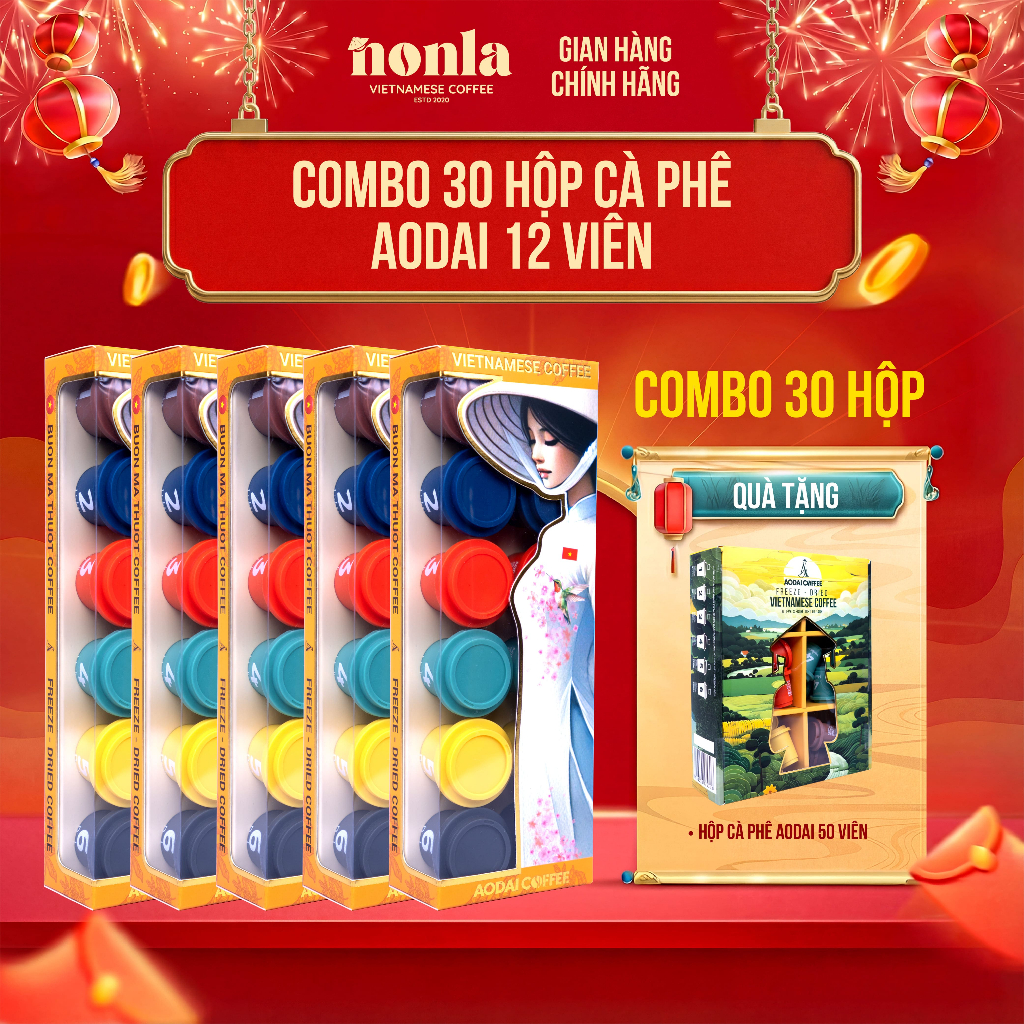 [ Tặng 1 Hộp 50 Viên ] Combo 30 Hộp 12 Viên Cà Phê Hòa Tan Sấy Thăng Hoa AODAI COFFEE 6 Cấp Độ