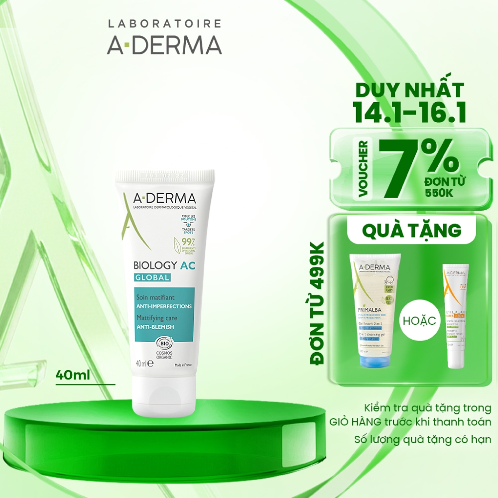 [KOL x Aderma] Kem dưỡng giảm mụn, kiểm soát dầu, mờ thâm A-Derma Biology AC Global 40ml giảm mụn tr