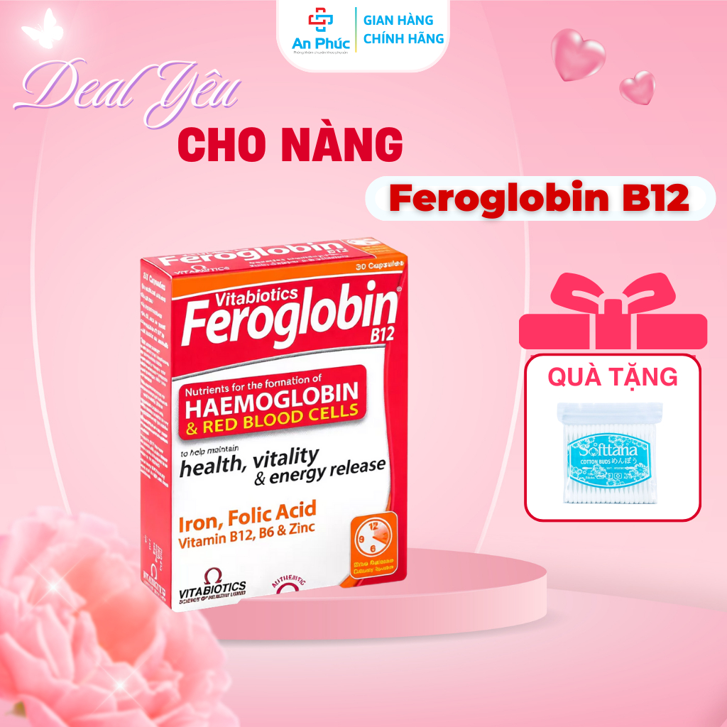 Viên Uống Bổ Máu Vitabiotics Feroglobin B12 Bổ Sung Sắt Hữu Cơ, Máu, Acid Folic, Vitamin ( 30 Viên)