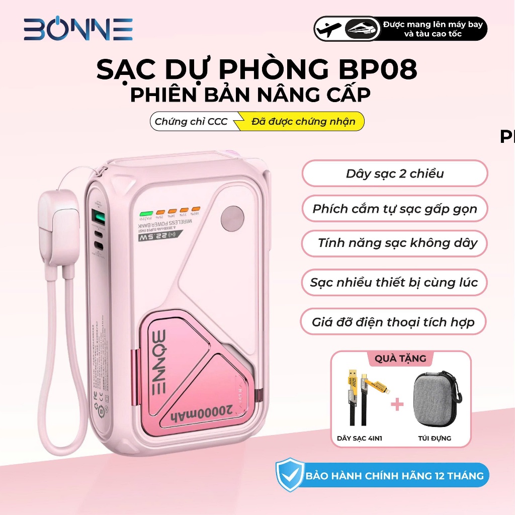 [HÀNG ĐẶT TRƯỚC] Củ Sạc Nhanh BONNE BP08 By BONNE TECH10.000 mAh 20.000 mAh Hỗ Trợ Sạc Không Dây