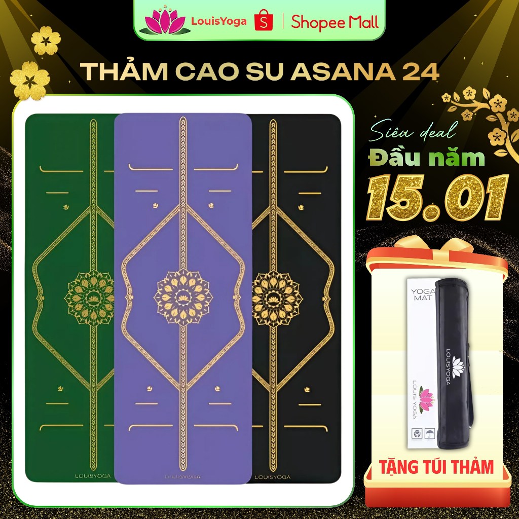 Thảm yoga chống trượt cao cấp Louis Yoga chất liệu cao su tự nhiên có đường định tuyến Asana 24