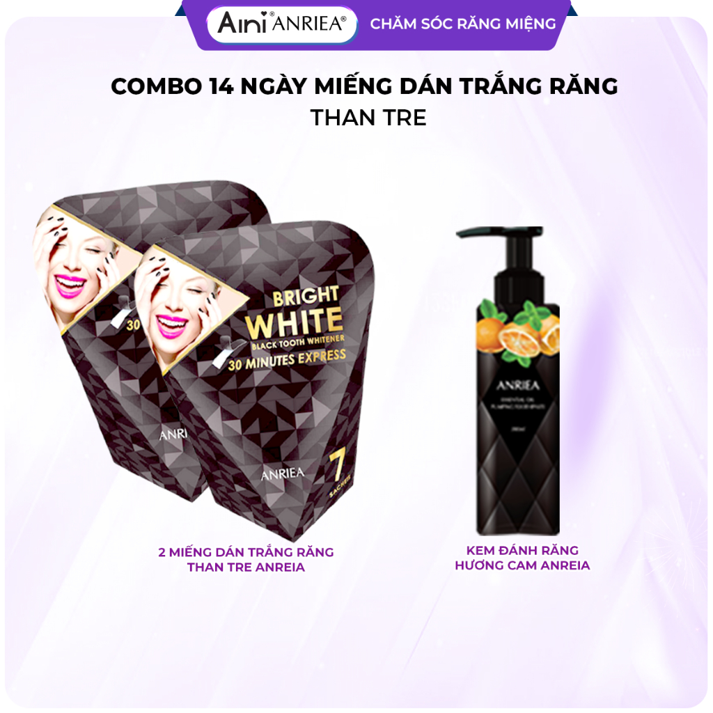 Combo 2 Hộp (14 ngày) Miếng Dán Trắng Răng Than Tre + Kem đánh răng Anriea hương cam