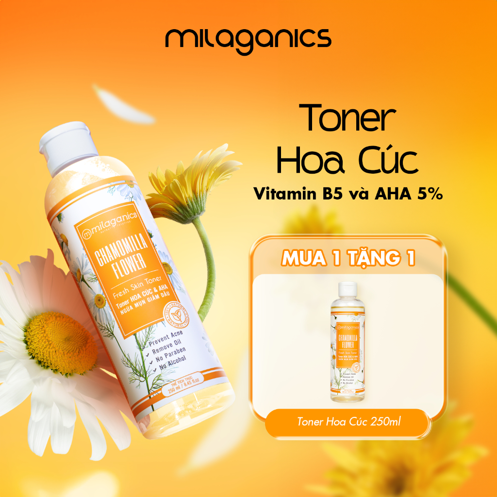 Toner hoa cúc sáng da MILAGANICS hỗ trợ kiềm dầu giảm mụn, tẩy tế bào chết nhẹ AHA 5%