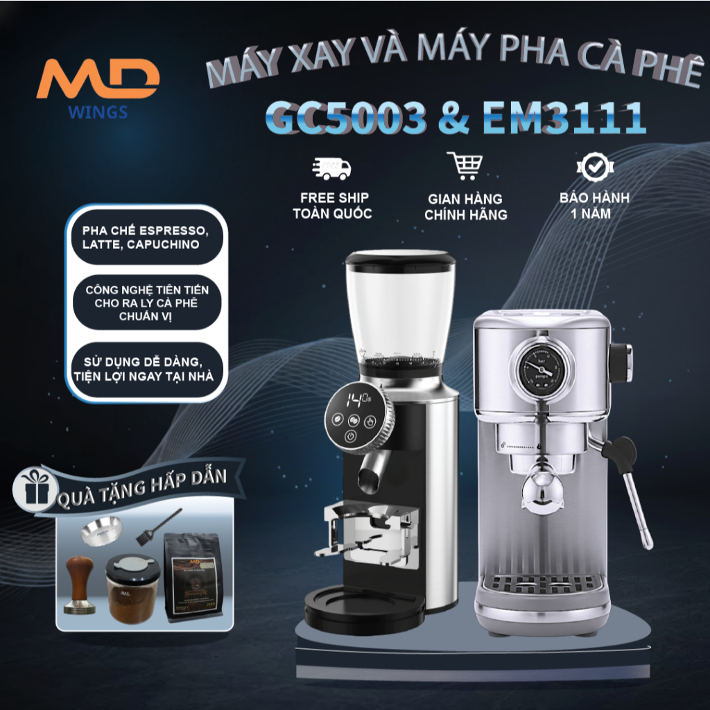 Combo cà phê máy pha MDWINGS EM3111 và MDWINGS GC5003 ( dùng cho gia đình)-bảo hành 12 tháng