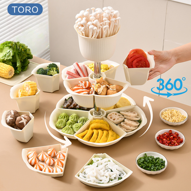Khay Đựng Đồ Nhúng Lẩu Xoay 360 Độ TORO Khay Lẩu 5 Ngăn 3 Tầng Thông Minh Cho Bàn Tiệc, Cỗ Gia Đình