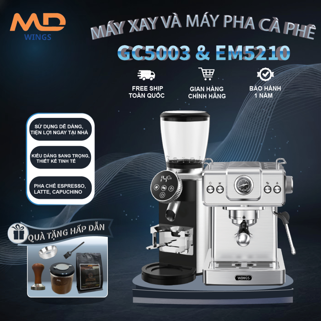 COMBO Máy pha cà phê MDWINGS EM5210 công suất 1350W, 20bar và Máy xay cà phê MDWINGS GC5003 công suấ