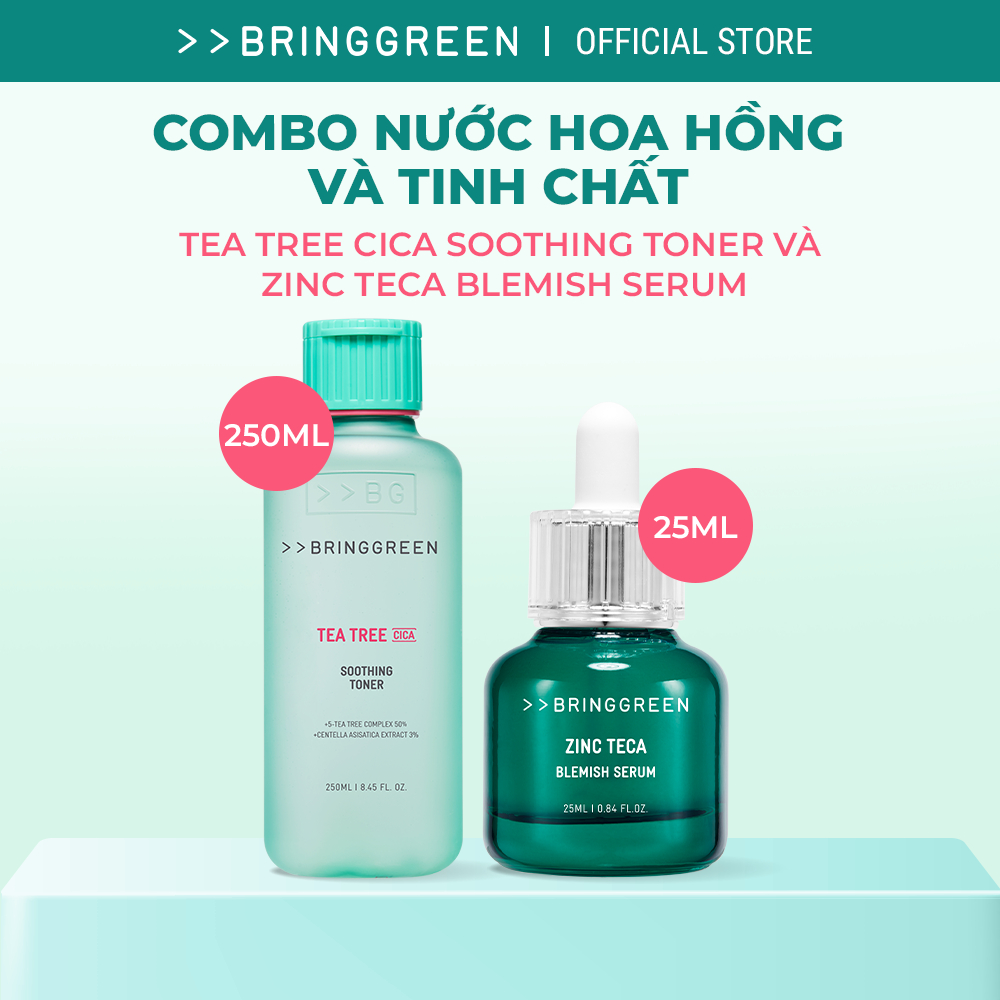 COMBO Bring Green Tea Tree Cica Soothing Toner 250ml+Bring Green Tinh chất Zinc Teca Blemish Serum 2