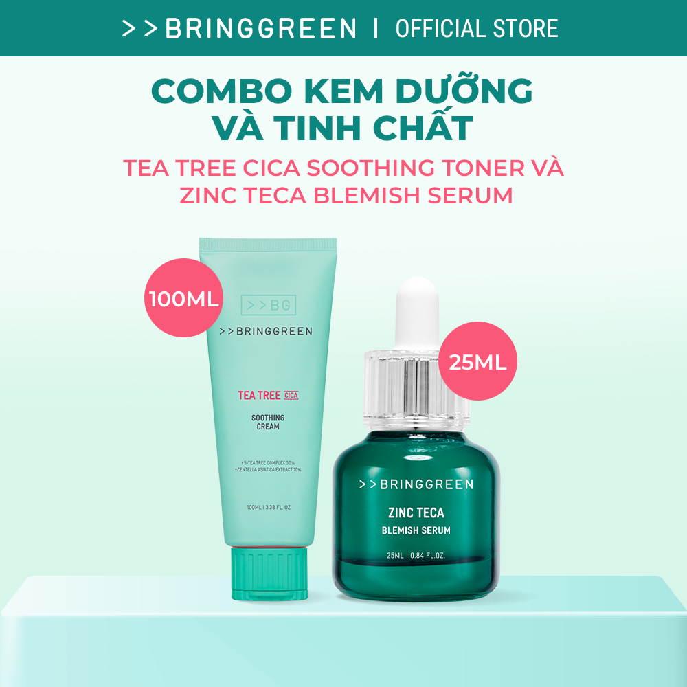 COMBO Bring Green Tea Tree Cica Soothing Cream plus 100ml+Bring Green Tinh chất Zinc Teca Blemish Se