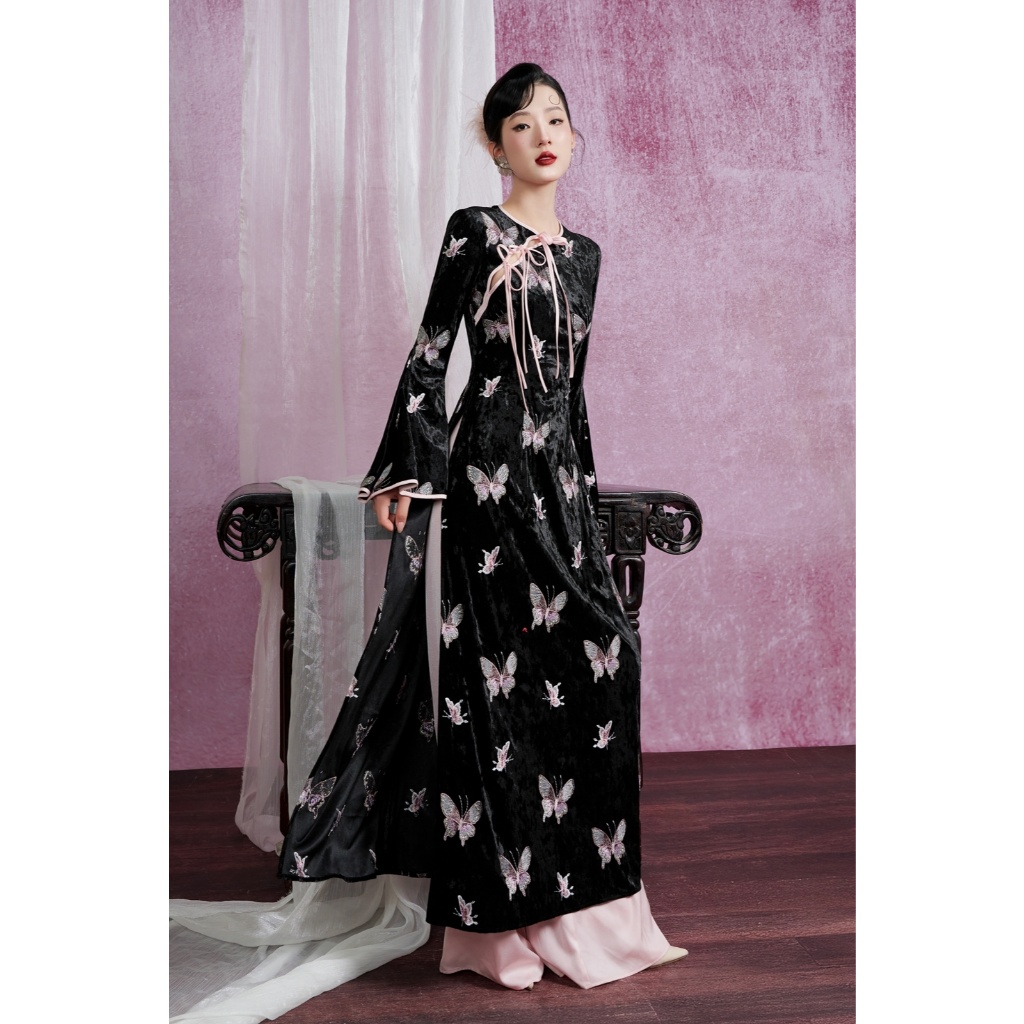 Áo Dài "Uyển" [Design by N.A] - (tách set) Vải nhung mềm mịn, thêu họa tiết bướm 3D co giãn, phối dâ
