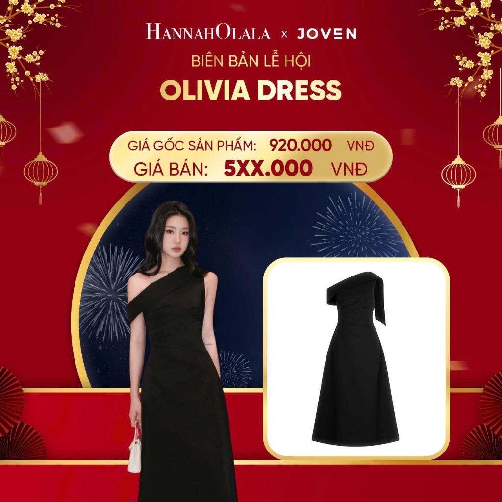 [ JOVEN x Hannah Olala] Đầm Nữ Olivia Midi JOVEN Form A Thiết Kế Xếp Eo Cổ Dài Lệch Vai Dự Tiệc